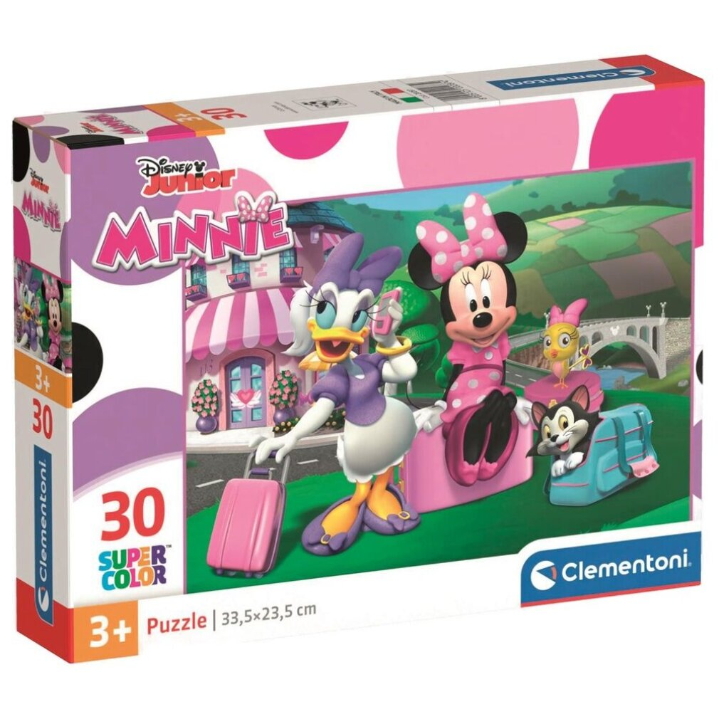 Een Minnie Mouse puzzeldoos. Daisy Duck, Minnie Mouse en andere personages afgebeeld in een cartoonscène op een roze achtergrond.