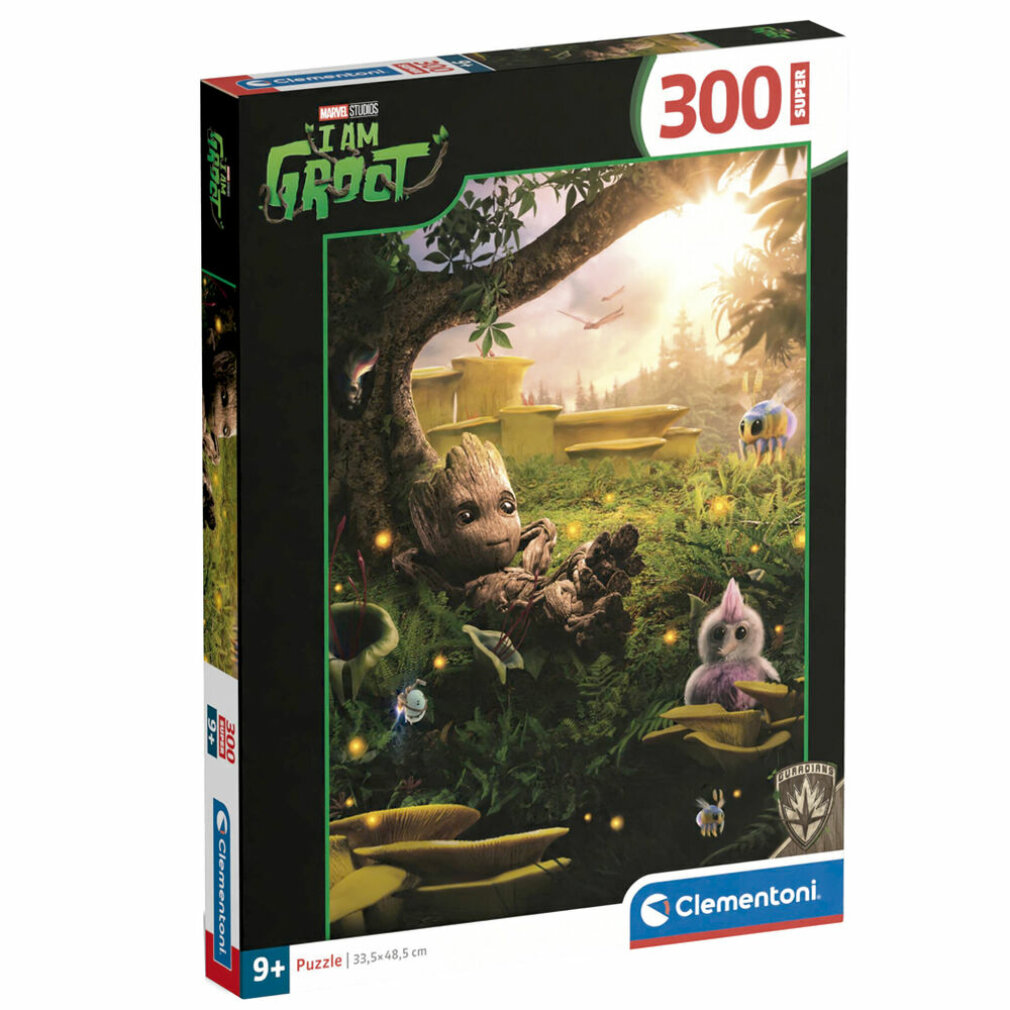 Puzzledose von I Am Groot. Groot ist in einem Wald mit pilzartigen Strukturen und Fantasiewesen. Der Hintergrund zeigt eine helle Sonne.