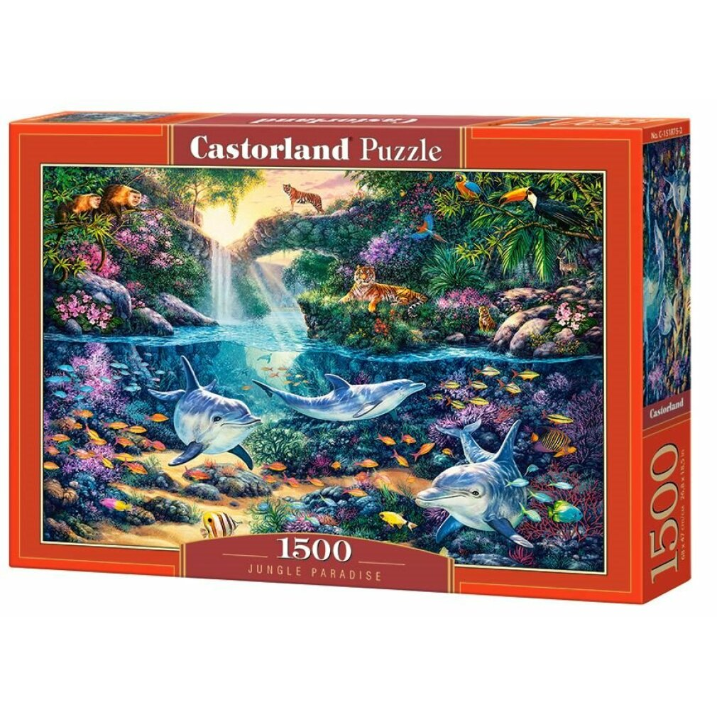 Puzzledose von 'Jungle Paradise'. Delfine schwimmen unter einem Wasserfall, mit Tigern, Papageien und Tukane darüber.