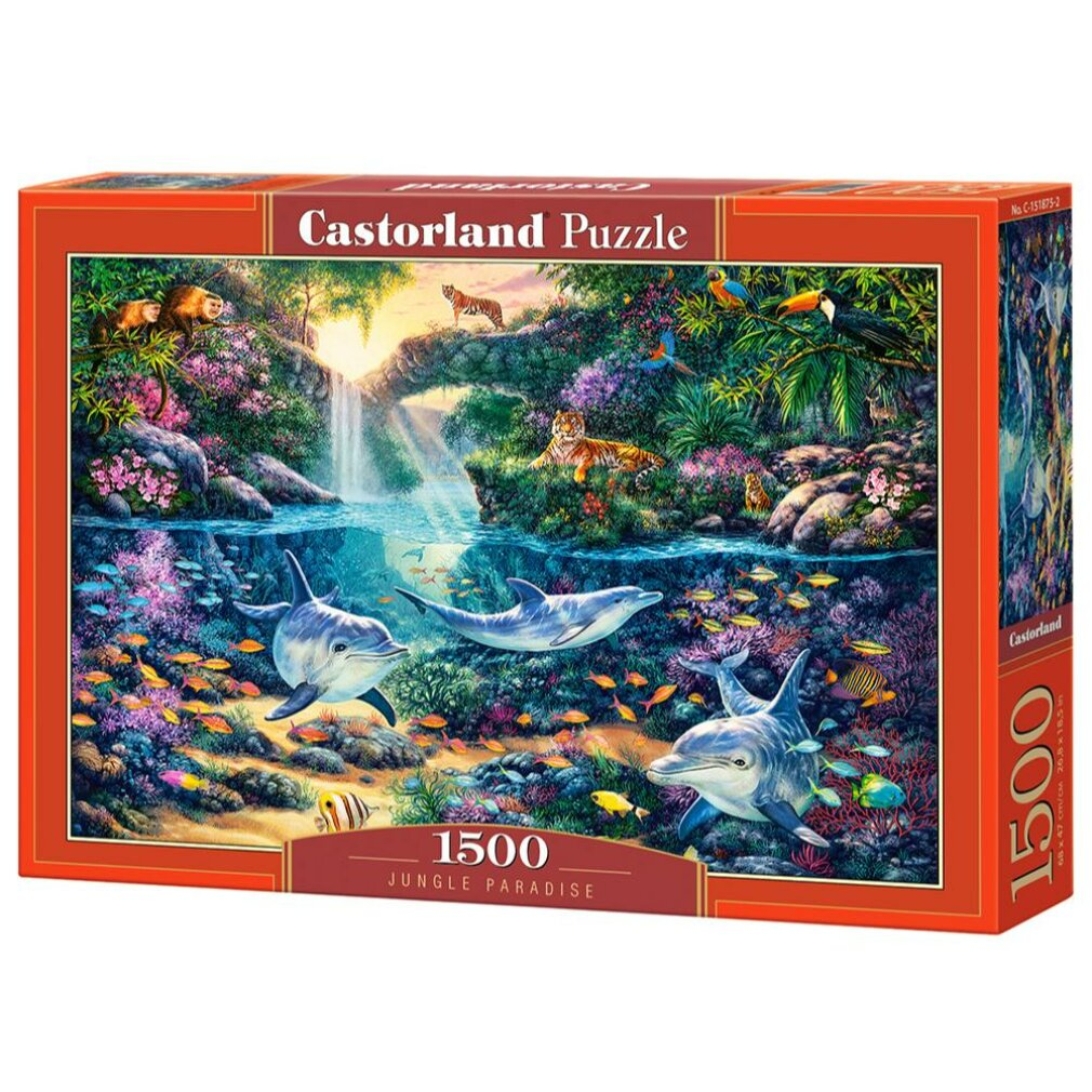 Puzzledose mit Dschungel-Szene: Delfine, Wasserfall, Tiger, Vögel und Fische. Auf der Box steht 'Castorland Puzzle' und '1500 Jungle Paradise'.