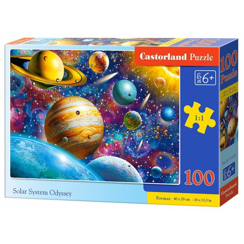 Eine Puzzledose mit einem farbenfrohen Sonnensystem mit Planeten, Sternen und einer Sonne. Auf der Box steht 'Solar System Odyssey' und 'Castorland Puzzle'.