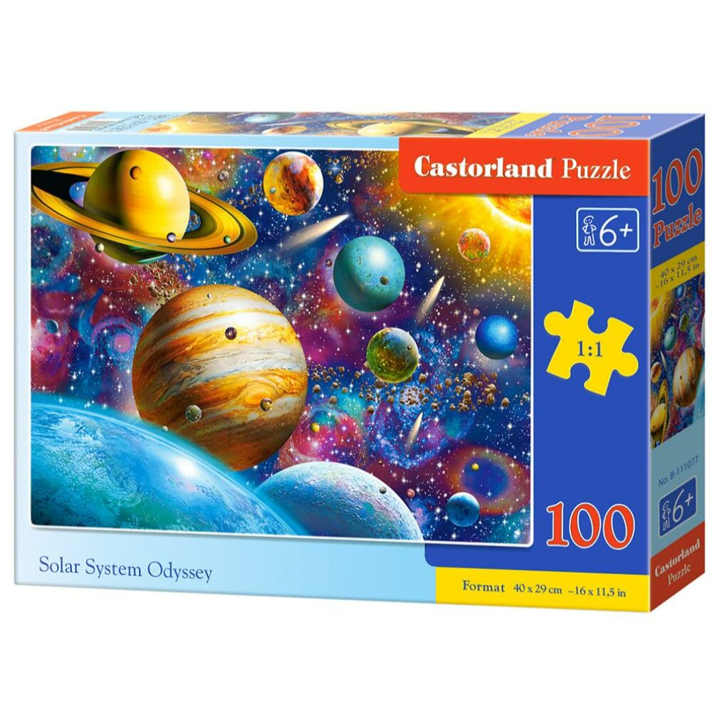 Eine Puzzleschachtel mit Planeten des Sonnensystems, Saturn mit Ringen und der Sonne. Auf der Schachtel steht 'Castorland Puzzle' und '100 Puzzle'.