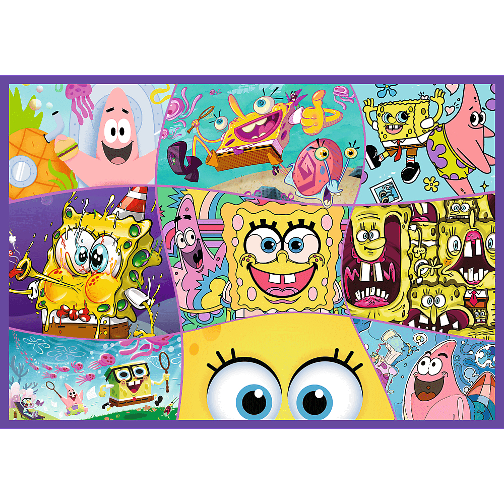 Kolorowy kolaż SpongeBoba Kanciastoportego i Patryka. Różne sceny pokazują ich w różnych pozach. Tło jest fioletowe.