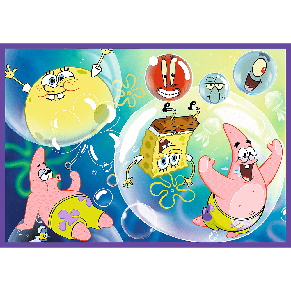 SpongeBob i przyjaciele w bańkach. Postacie to SpongeBob, Patryk, Skalmar i inni. Tło jest niebieskie z bąbelkami.