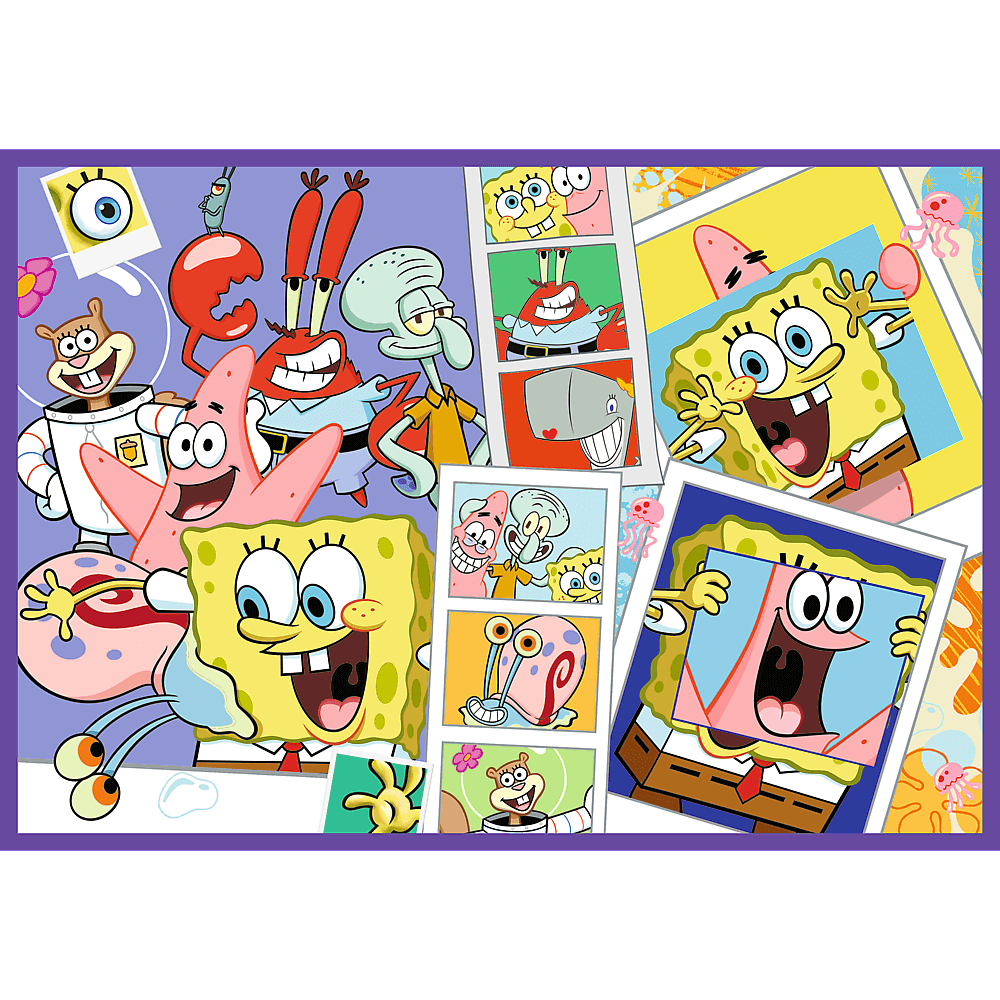Kolaż SpongeBoba i przyjaciół. Zawiera SpongeBoba, Patryka, Skalmara, Pana Kraba, Sandy i Gary'ego. Różne ramki w stylu komiksowym.