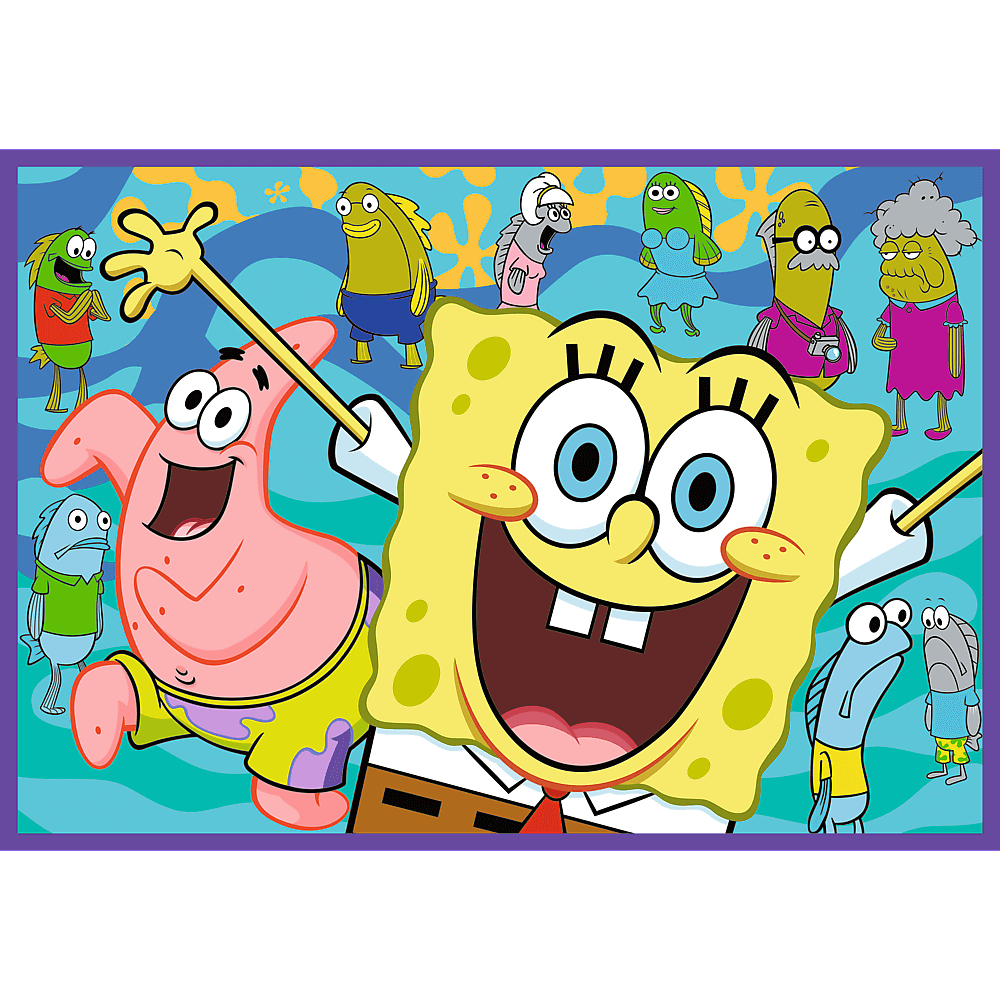 SpongeBob i Patryk z przyjaciółmi. SpongeBob trzyma patyk, Patryk się uśmiecha. Inne postacie patrzą.
