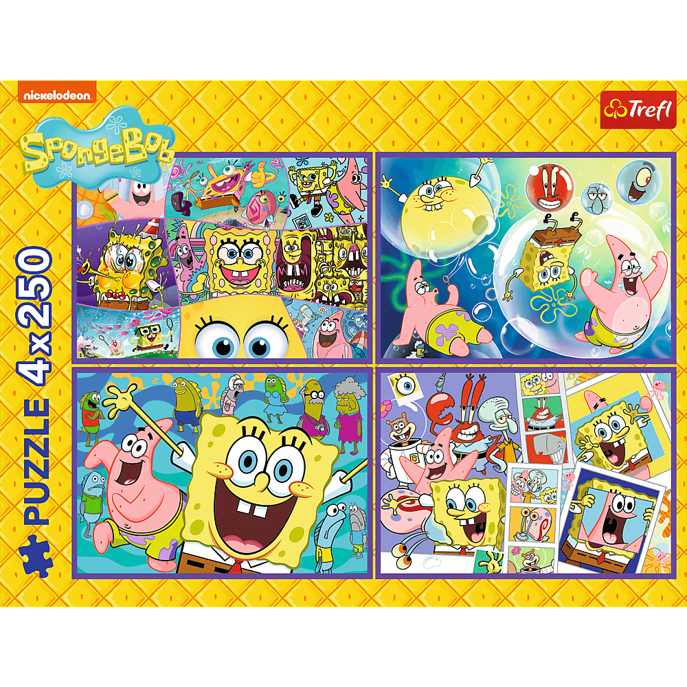 Puzzle SpongeBob Kanciastoporty, z SpongeBobem, Patrykiem i innymi postaciami w różnych scenach, z żółtym i fioletowym tłem.