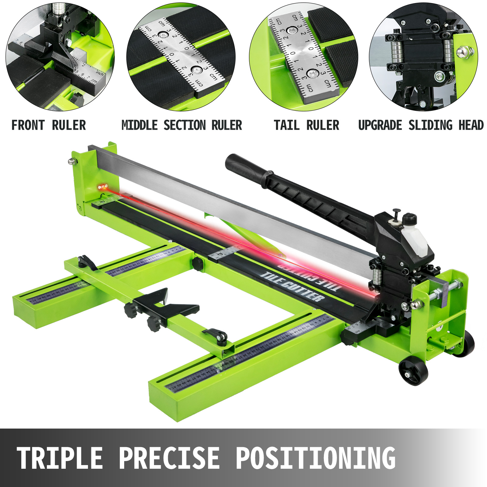 Cortador de azulejos verde con reglas y láser. El texto dice 'Triple Precise Positioning'.