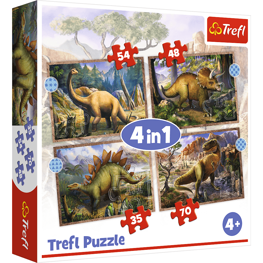Une boîte de puzzle Trefl montrant quatre images de dinosaures, avec des pièces de puzzle et le logo Trefl.