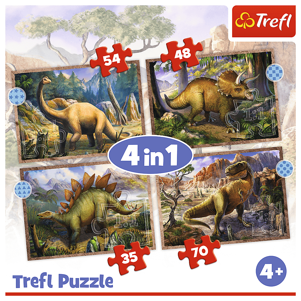 Une boîte de puzzle Trefl. Elle montre 4 images de puzzles de dinosaures. Les dinosaures sont Brachiosaurus, Triceratops, Stegosaurus et Tyrannosaurus Rex.