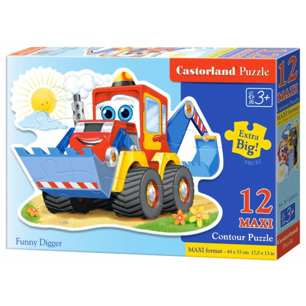 Een puzzeldoos toont een cartoon graafmachine. Het is rood, geel en blauw. Op de doos staat 'Castorland Puzzle' en '12 Maxi'.