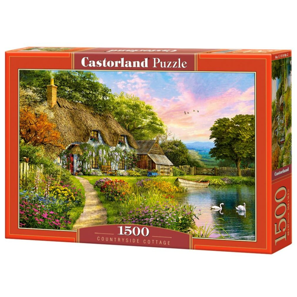 Eine Puzzleschachtel mit einer Landschaftsszene mit einem See, Schwänen und einem Boot. Ein Pfad führt zum Haus.
