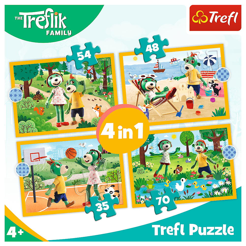 Ein Trefl-Puzzle zeigt vier Szenen von bärenartigen Figuren. Sie sind am Strand, im Park, spielen Basketball und in der Nähe eines Teichs.