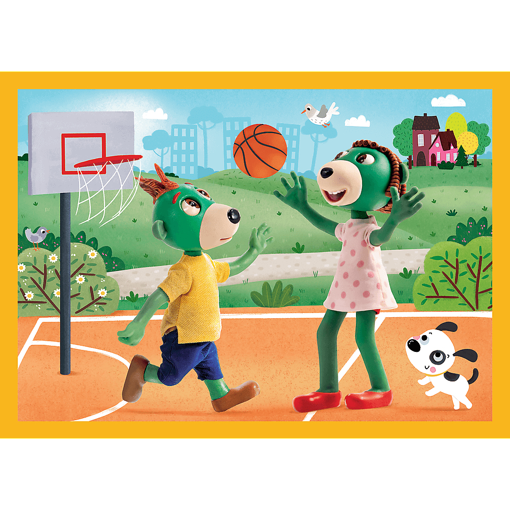 Zwei grüne hundeartige Figuren spielen Basketball. Einer wirft den Ball. Ein weißer Hund rennt daneben. Ein Basketballkorb ist sichtbar.