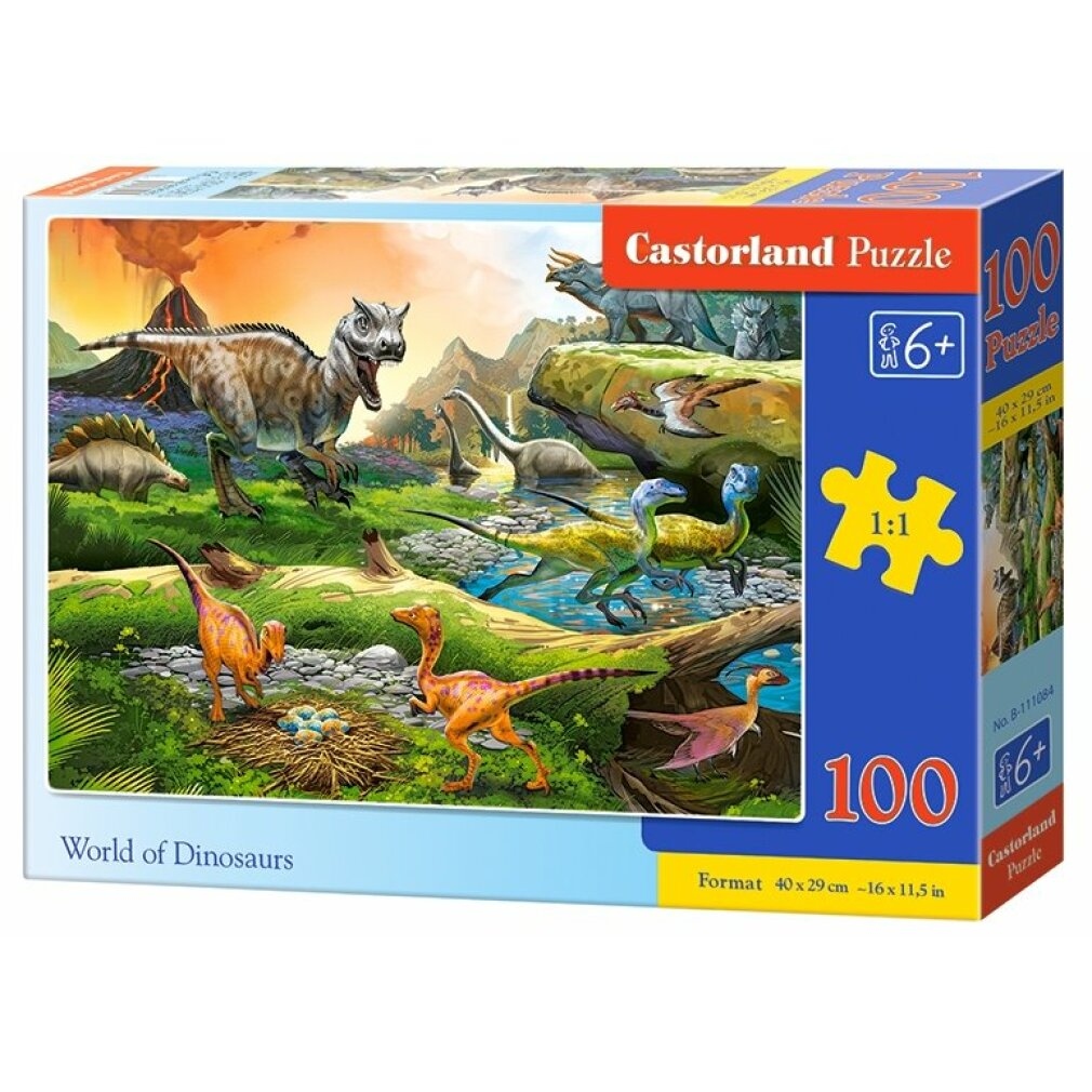 Puzzelbox met dinosaurusscène. Dinosauriërs van verschillende soorten in een prehistorisch landschap met bergen en water.