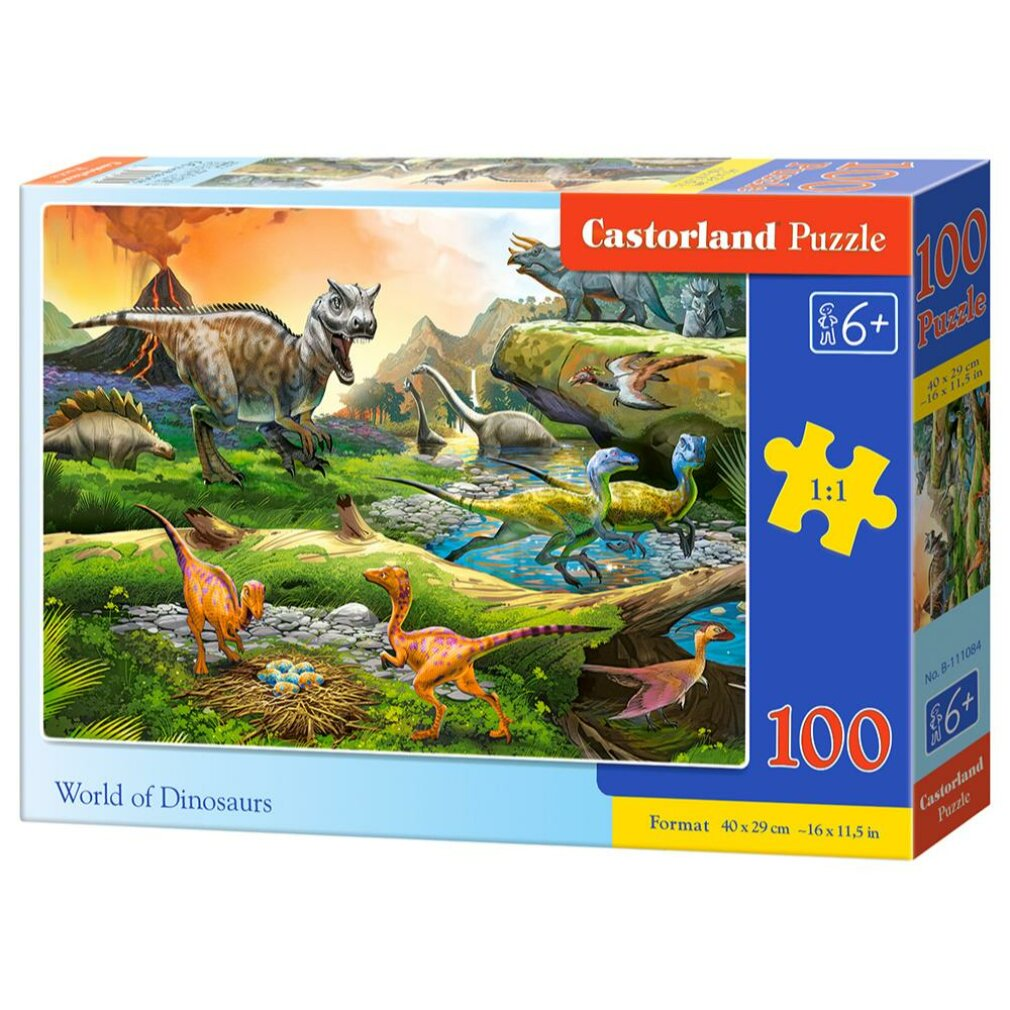 Een puzzeldoos met dinosaurussen in een prehistorisch landschap. De doos is gelabeld 'Castorland Puzzle' en 'World of Dinosaurs'.