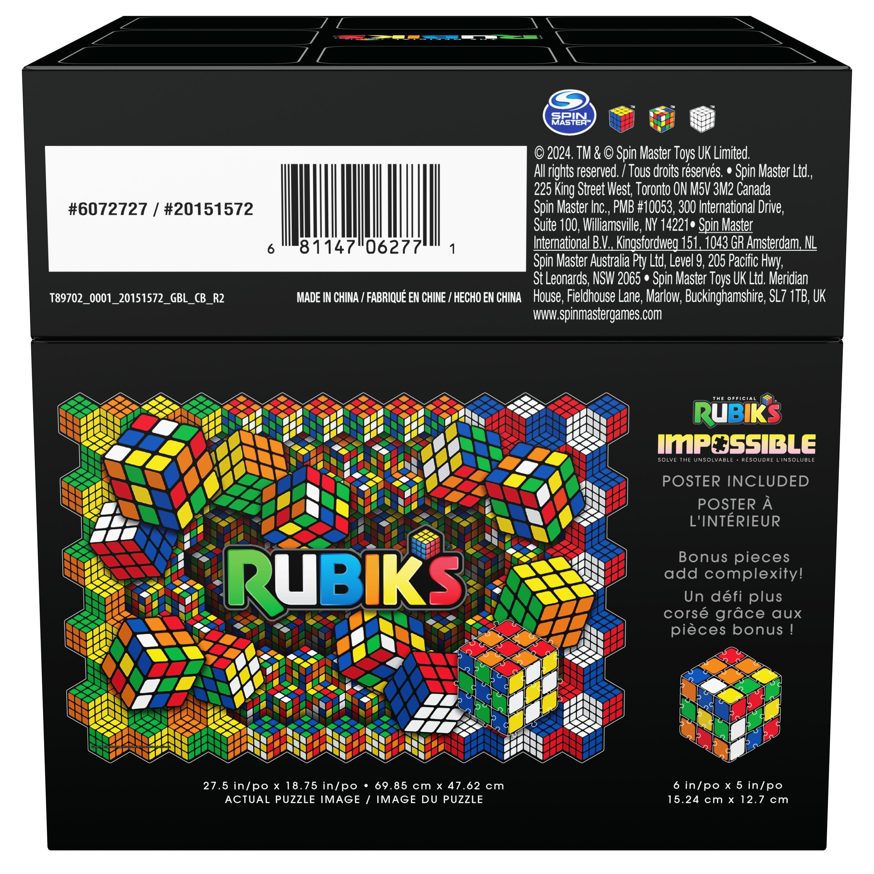 Rubik's Impossible Puzzleschachtel mit buntem Würfeldesign. Enthält Poster und Bonusteile für mehr Komplexität.