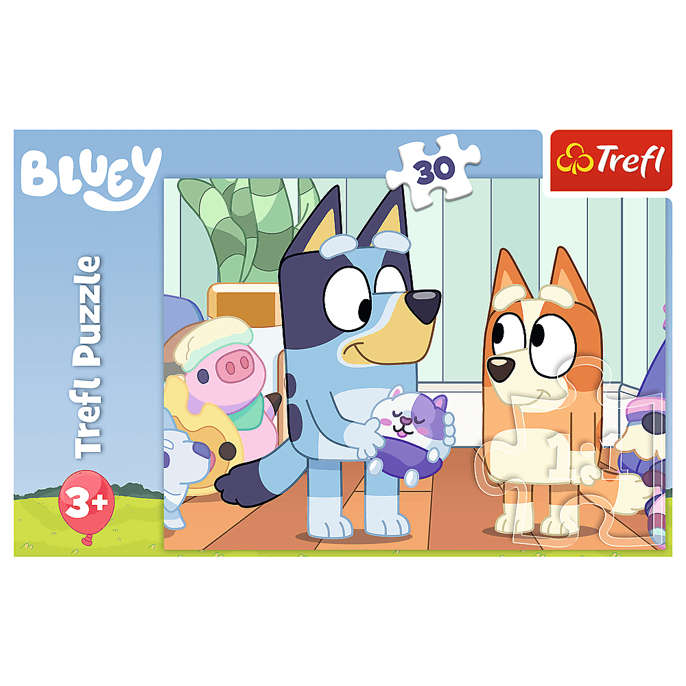 Puzzle Bluey. Bluey i Bingo z pluszakami. Świnia i inne postacie. Przedział wiekowy 3+.