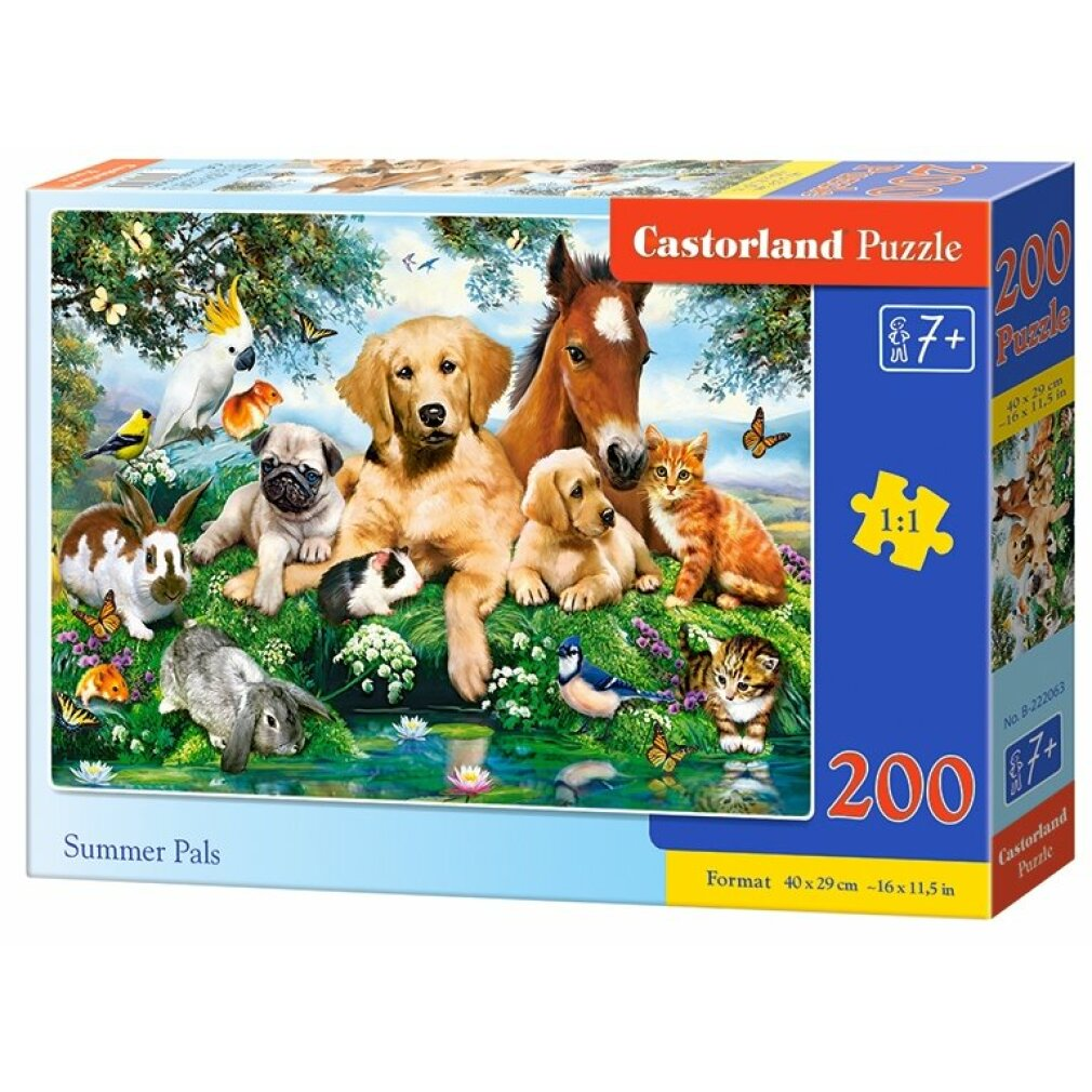 Puzzelbox met veel dieren: honden, kat, paard, vogels en konijnen. De puzzel heet 'Summer Pals' en heeft 200 stukjes.