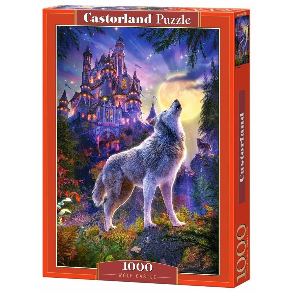 Boîte de puzzle. Un loup hurlant à la lune devant un château. La boîte indique 'Castorland Puzzle' et '1000 Wolf Castle'.