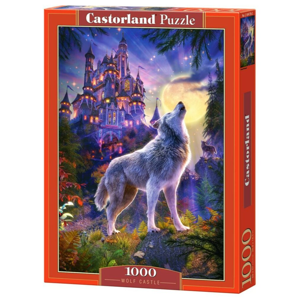 Un loup hurlant à la lune devant un château, sur une boîte de puzzle. La boîte est orange, avec le texte 'Castorland Puzzle'.