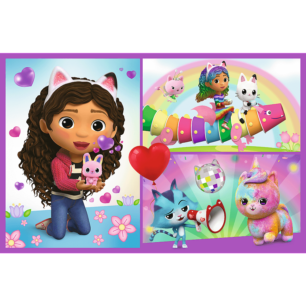 Cartoonafbeelding van een meisje met kattenoren dat een knuffelkonijn vasthoudt. Andere afbeeldingen zijn katten, regenboog en hartballonnen.