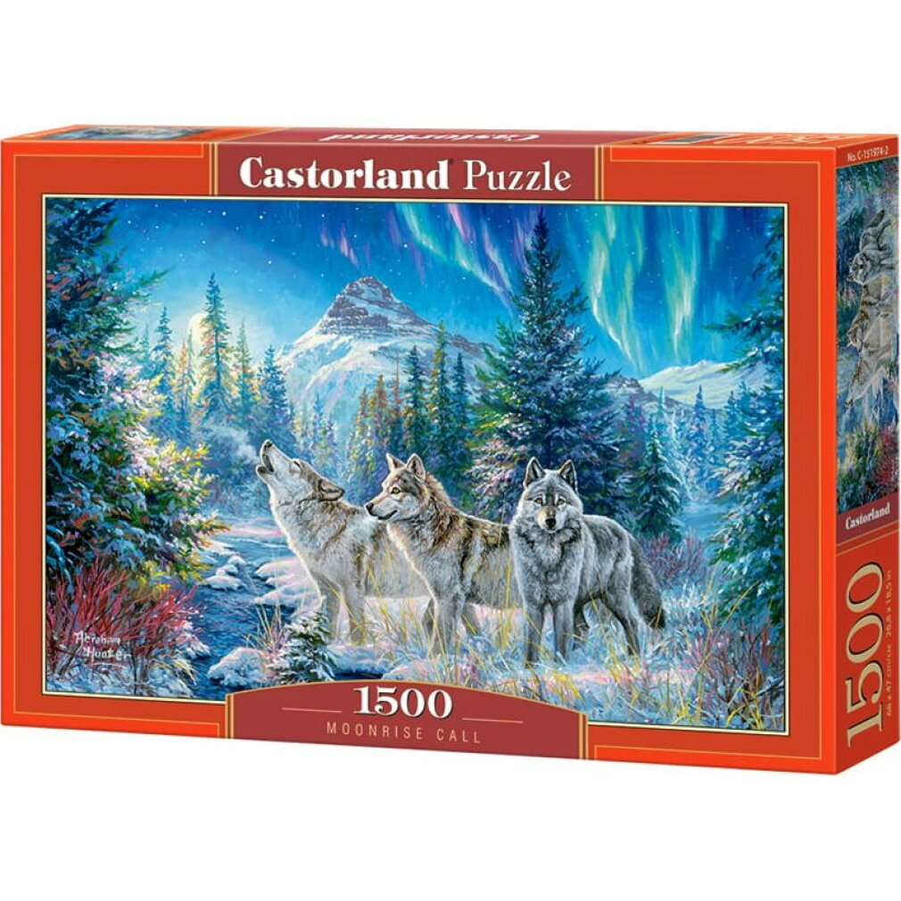 Een puzzelbox toont drie wolven die huilen in een besneeuwd bos onder het noorderlicht. Een besneeuwde berg staat op de achtergrond.