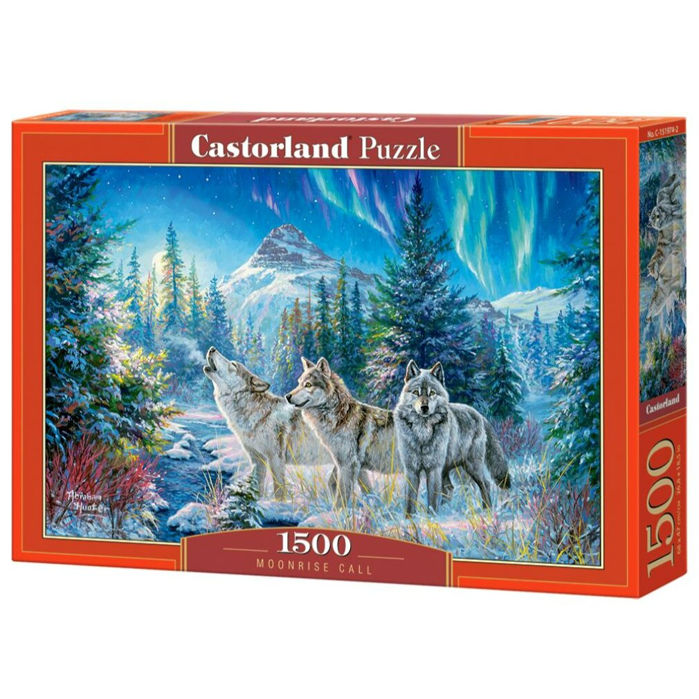 Een puzzelbox met drie wolven in een besneeuwde bosscène, bergen en noorderlicht. De doos zegt 'Castorland Puzzle'.