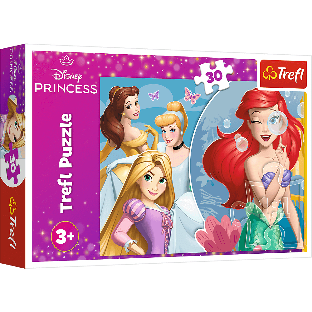 Une boîte de puzzle Trefl avec les princesses Disney : Ariel, Belle, Cendrillon et Raiponce. C'est un puzzle de 30 pièces, pour les 3 ans et plus.