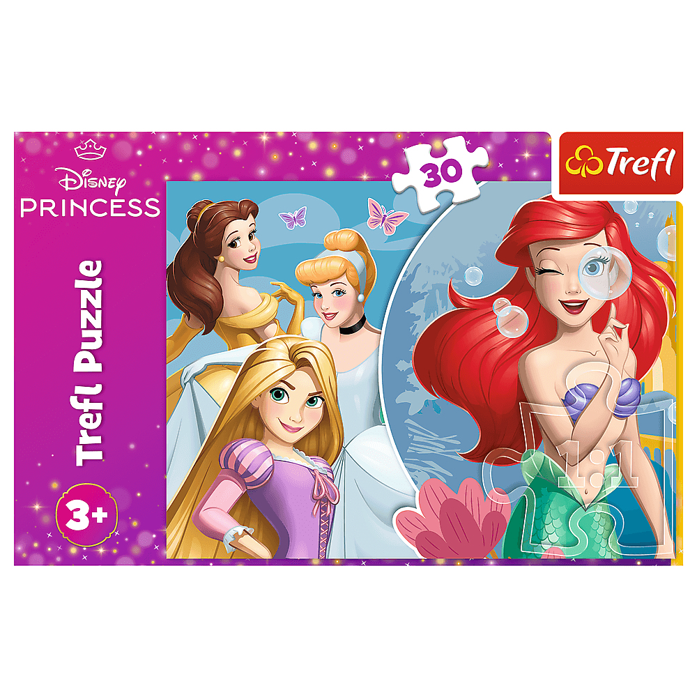 Une boîte de puzzle Disney Princesses. Avec Belle, Cendrillon, Raiponce et Ariel. Le puzzle contient 30 pièces et est destiné aux 3 ans et plus.