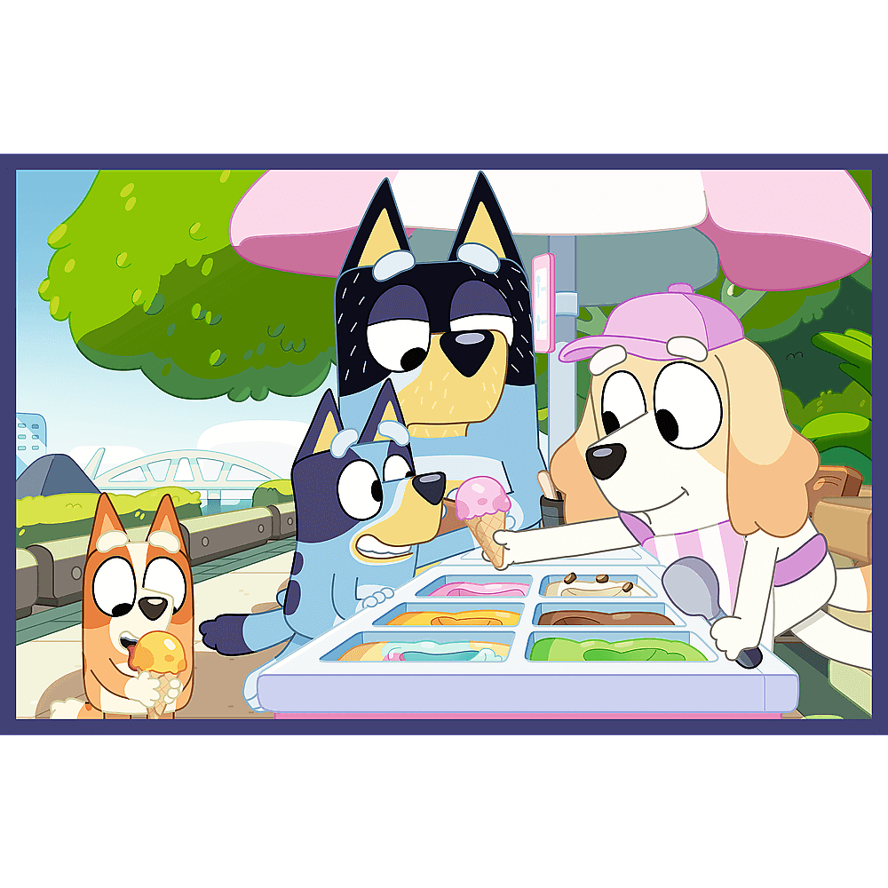 Cartoonhonden bij een ijssalon. Een hond serveert ijs. Een andere hond eet een ijsje. Andere honden kijken toe.