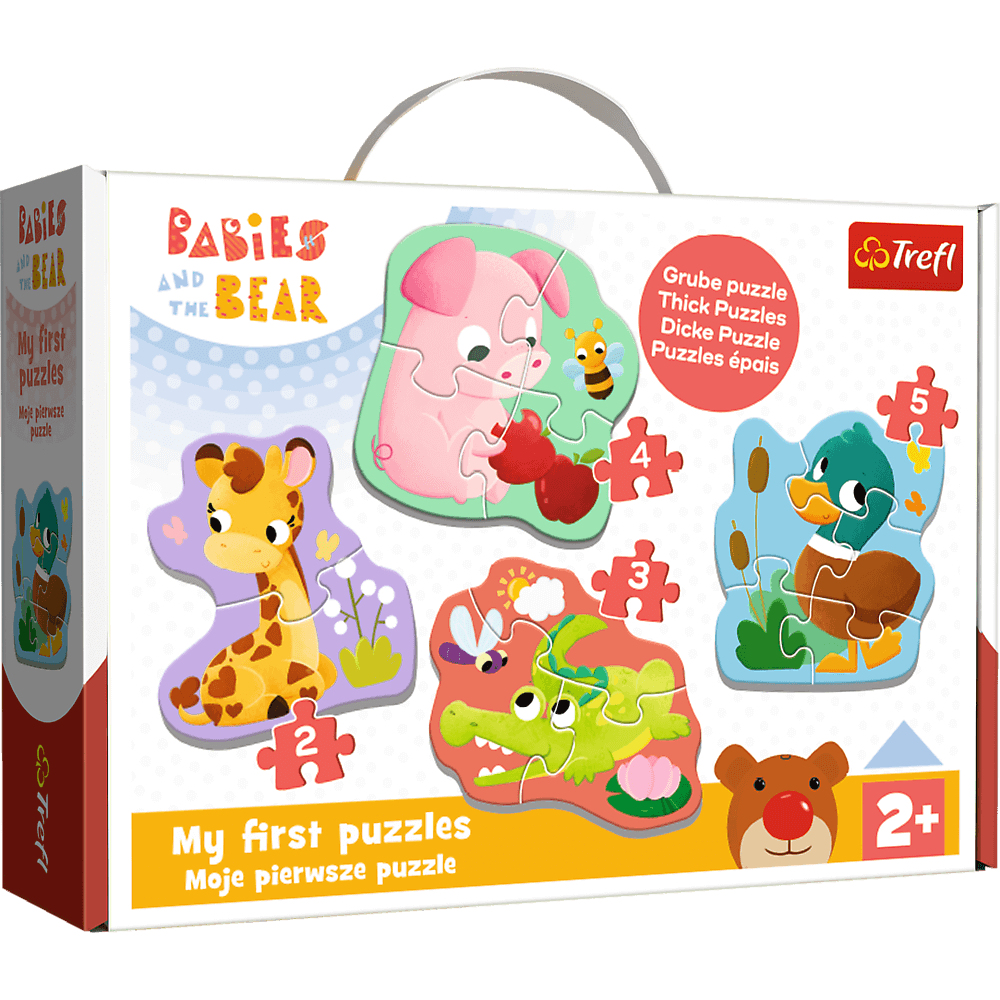 Een puzzelbox met dierenpuzzels: varken, giraf, krokodil, eend en beer. Op de doos staat 'Babies and the Bear'.