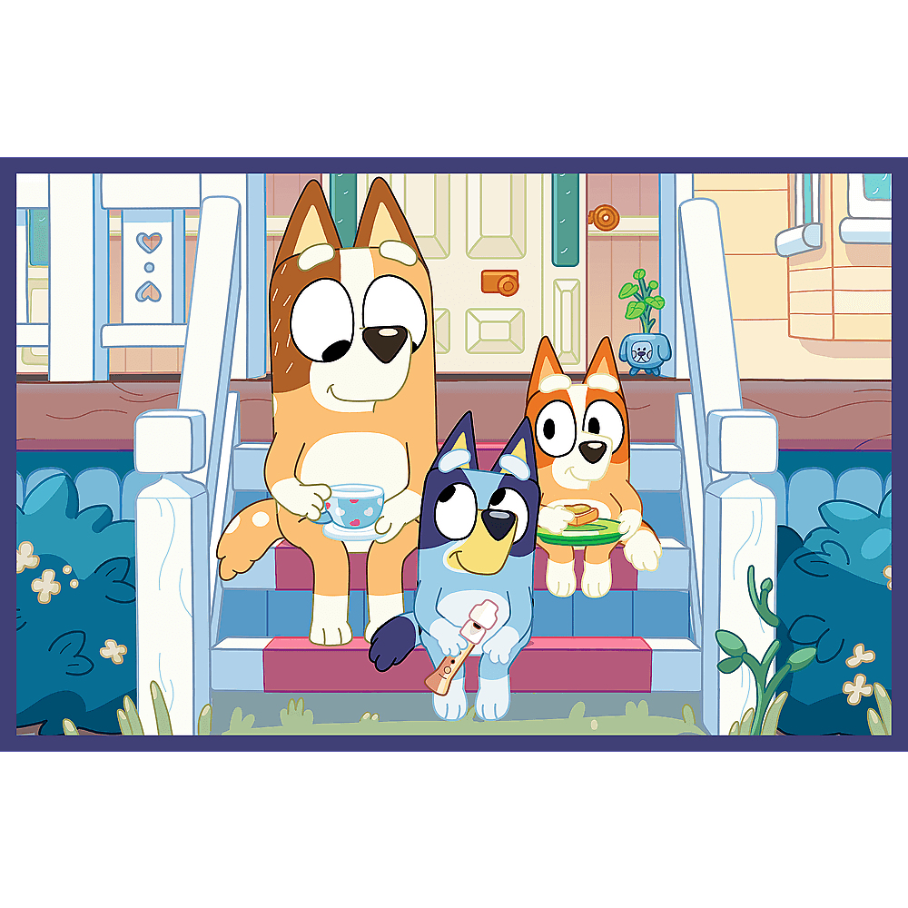 Drie cartoonhonden op trappen: een bruine hond met een kopje thee, een blauwe hond met een blokfluit en een oranje hond met eten.