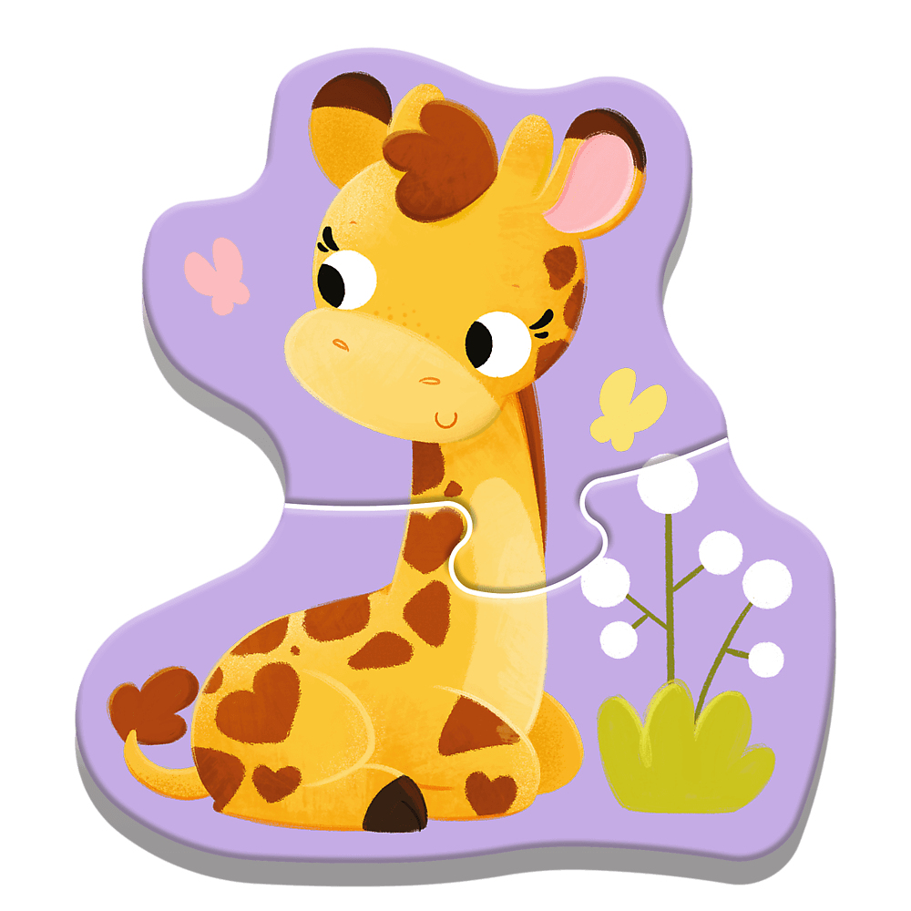 Een puzzelstukje van een giraffe. Het is geel met bruine vlekken, zittend op een paarse puzzelvormige basis. Er zijn ook vlinders en planten aanwezig.
