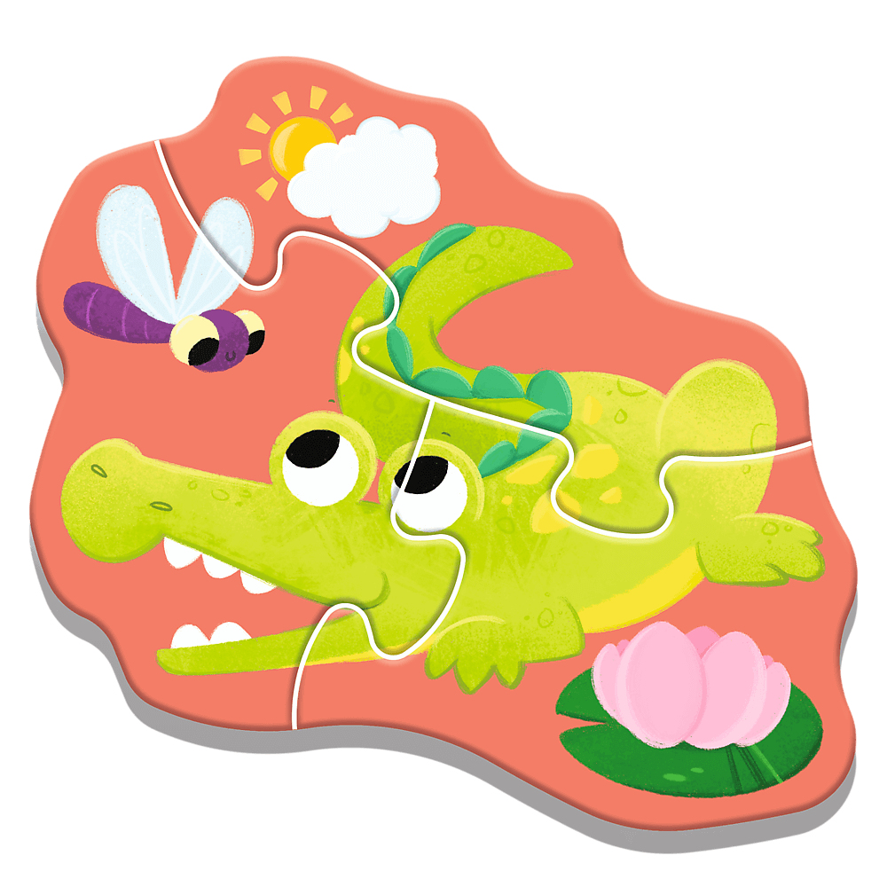 Een kleurrijke puzzel van een groene krokodil, een paarse libel, een roze lotus, een zon en een wolk op een rode achtergrond.