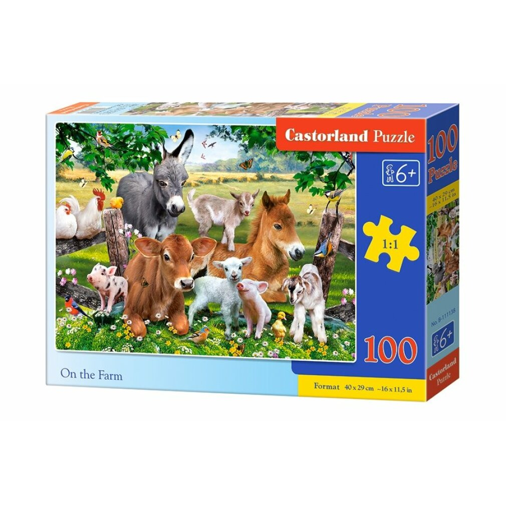 Puzzledose mit Hoftieren: Kuh, Esel, Pferd, Schaf, Ziege, Schwein, Huhn und Vögel. Grünes Gras und blauer Himmel im Hintergrund.