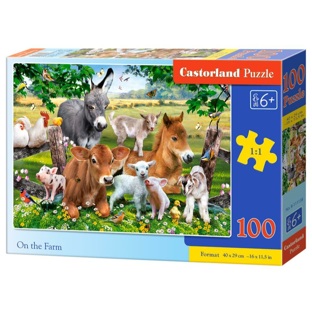 Eine Puzzledose mit Bauernhoftieren wie Esel, Kuh, Schaf und Ferkel auf einer grünen Wiese. Der Hintergrund hat einen Holzzaun.