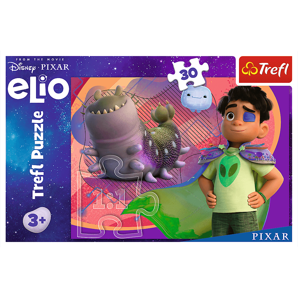 Puzzeldoos met Elio-personages en wezens. Een jongen met een ooglapje, groen shirt en cape staat rechts.