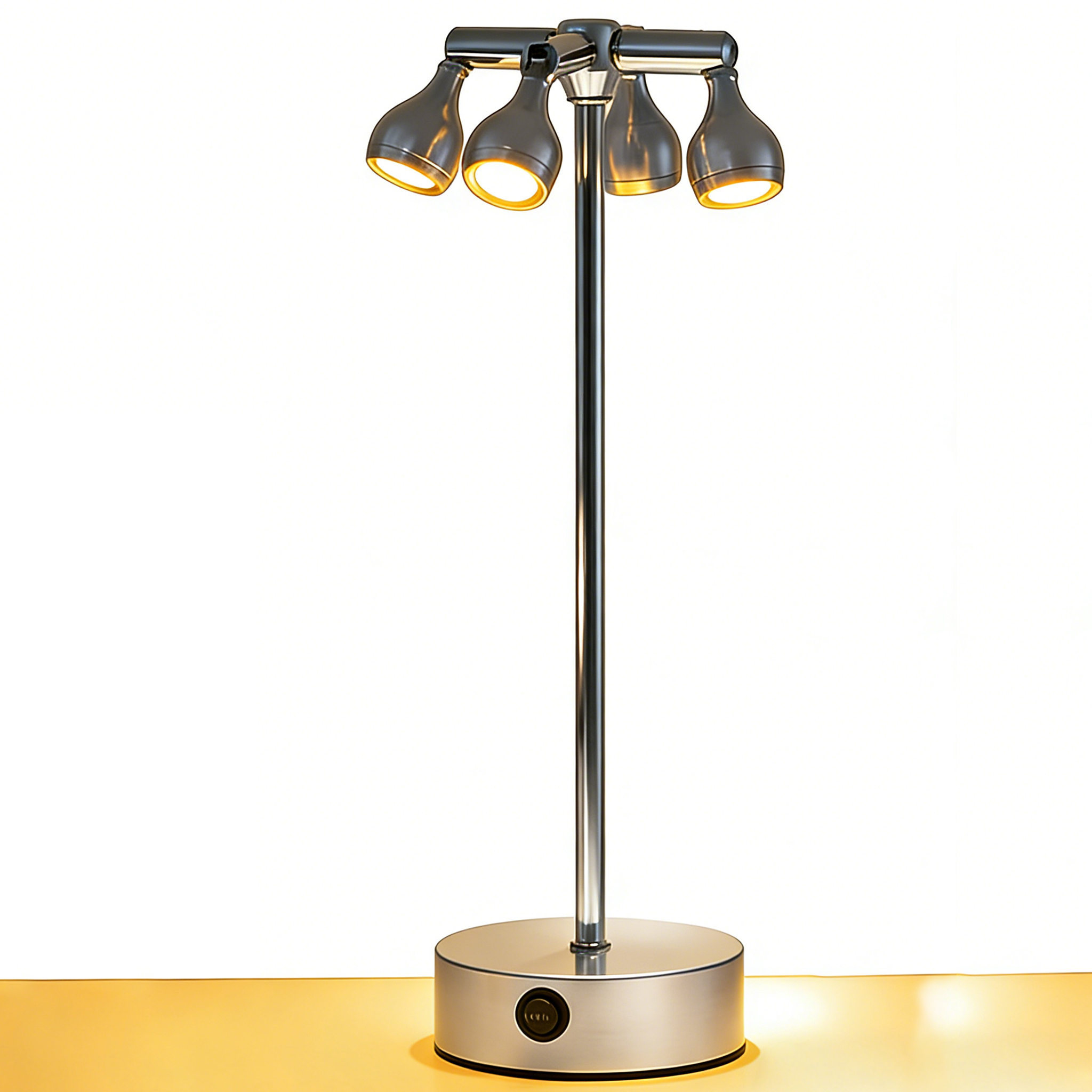 Eine moderne silberne Lampe mit vier verstellbaren Lichtern. Sie steht auf einem runden Sockel. Der Hintergrund ist weiß.