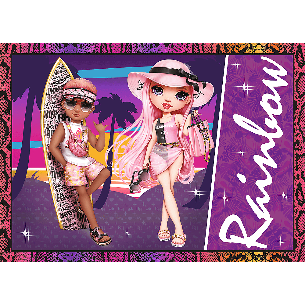 Illustration de deux poupées à la plage. L'une tient une planche de surf, l'autre un sac à main. Des palmiers et le texte 'Rainbow' sont visibles.