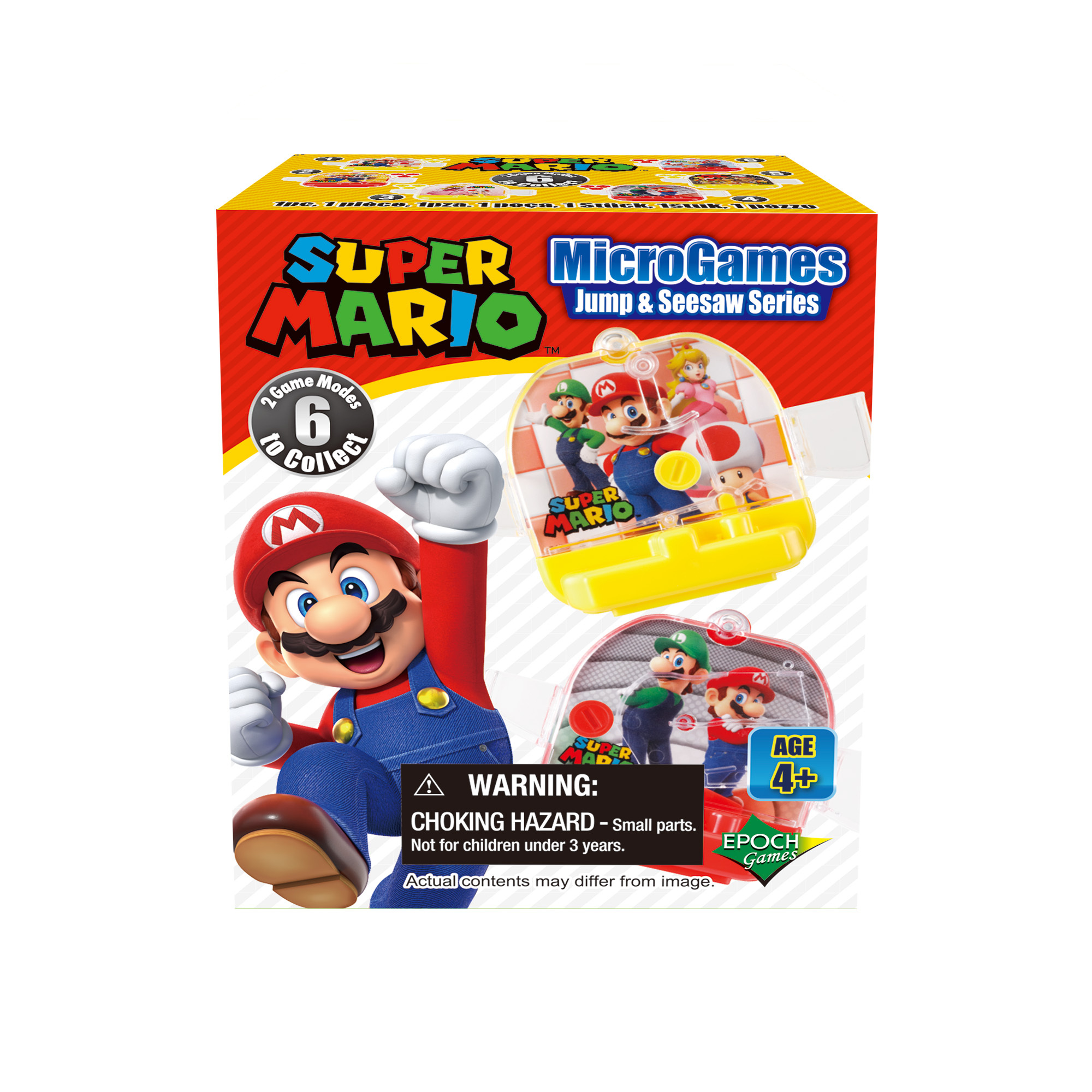 Eine Super Mario MicroGames-Box mit Mario-Charakteren. Sie hat einen roten Hintergrund und Bilder des Spiels. Alter 4+.