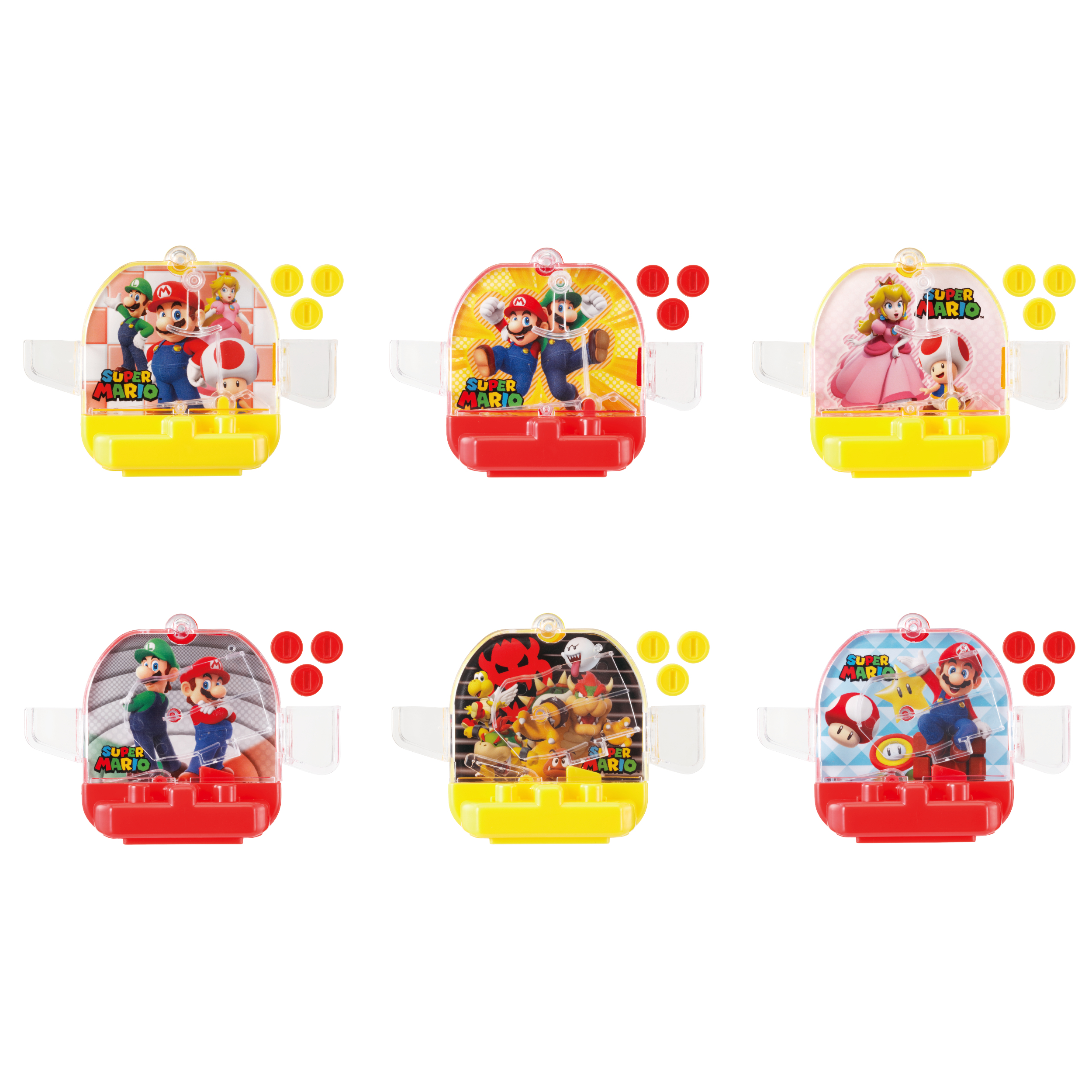 Sechs Super Mario-Spielzeuge. Jedes zeigt einen anderen Charakter oder eine Gruppe mit Münzen und einer Basis.