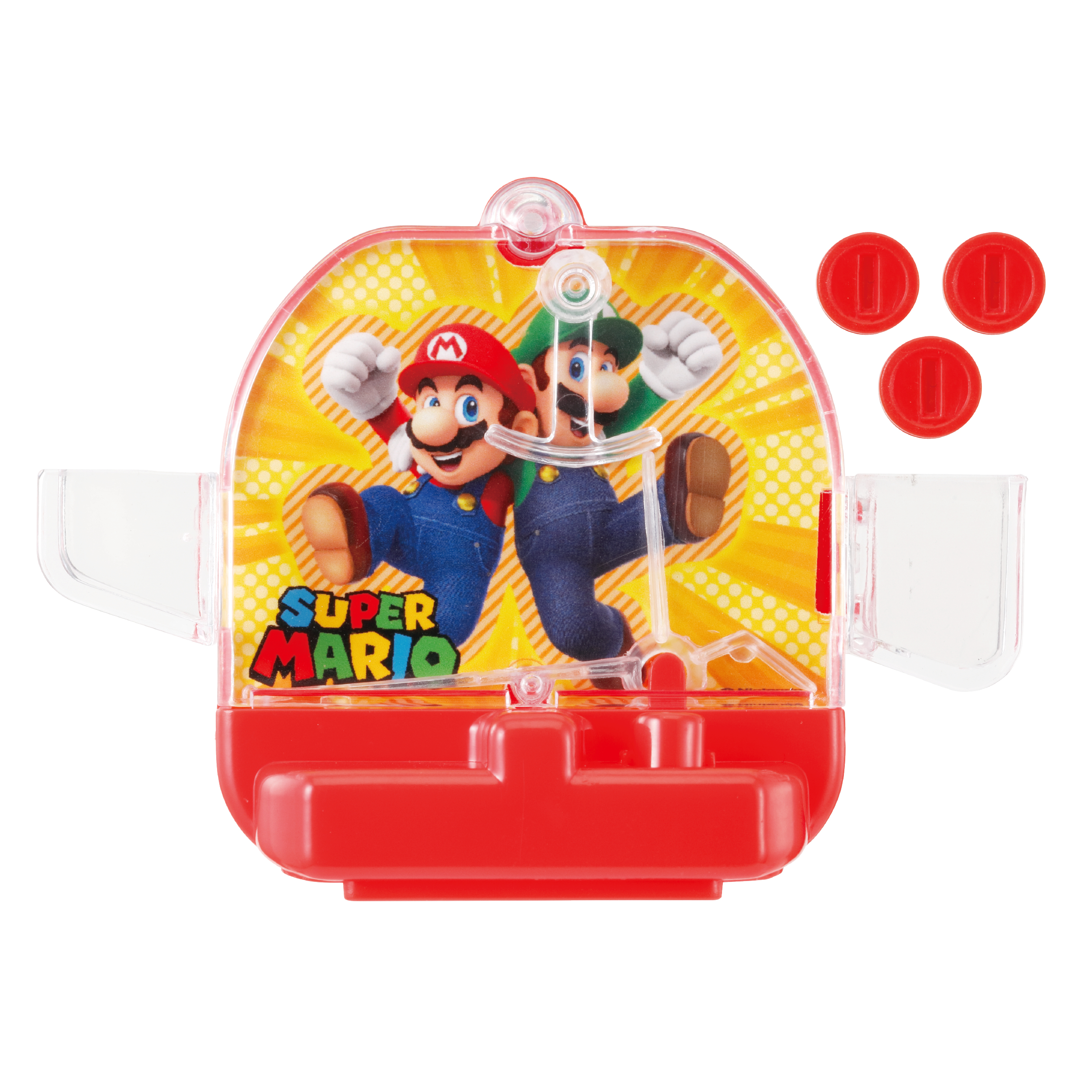 Ein rotes Spielzeug mit Mario und Luigi. Drei rote Münzen sind rechts. Der Hintergrund ist gelb mit radialem Muster.