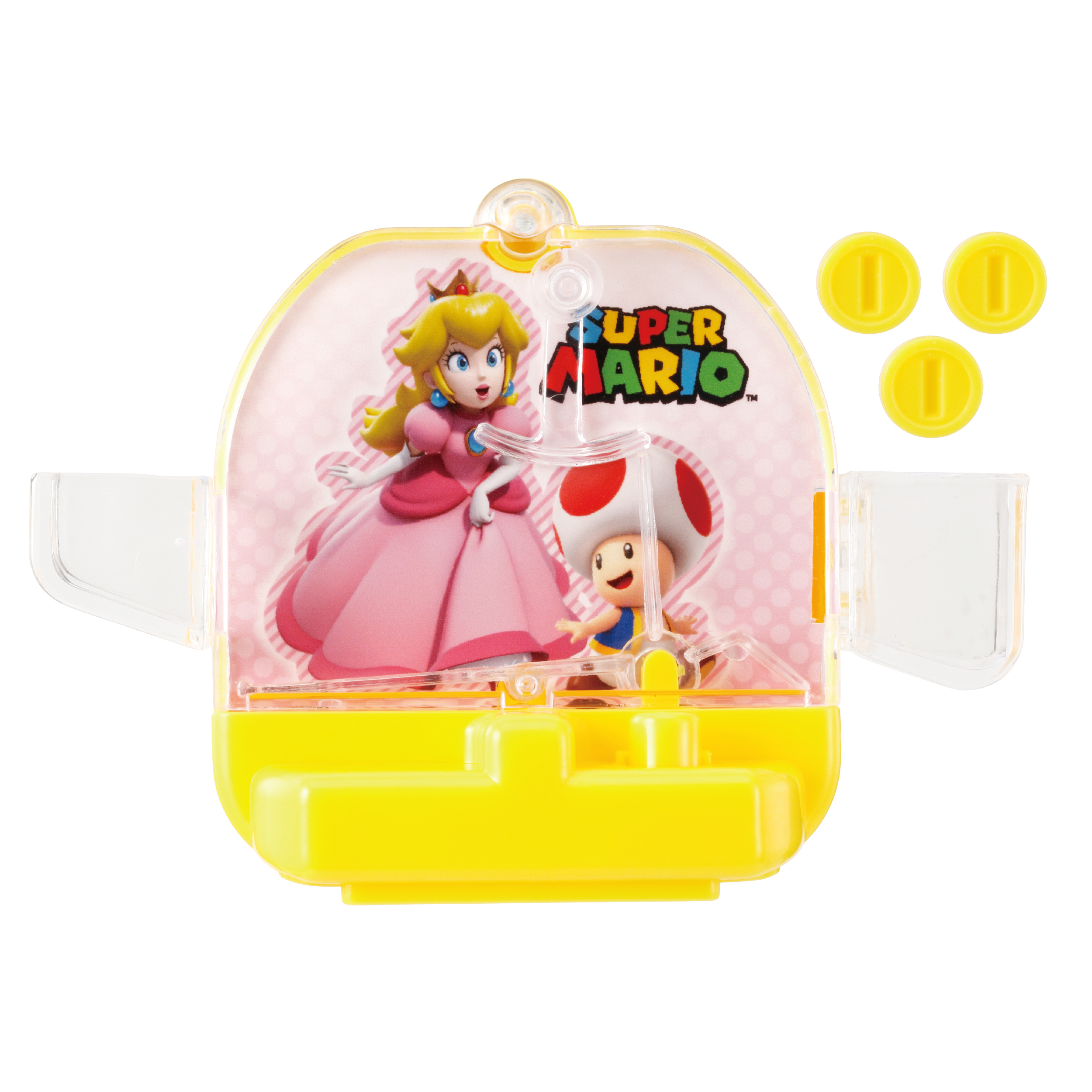 Ein Super Mario-Spielzeug. Prinzessin Peach und Toad sind drin. Drei gelbe Münzen sind rechts.