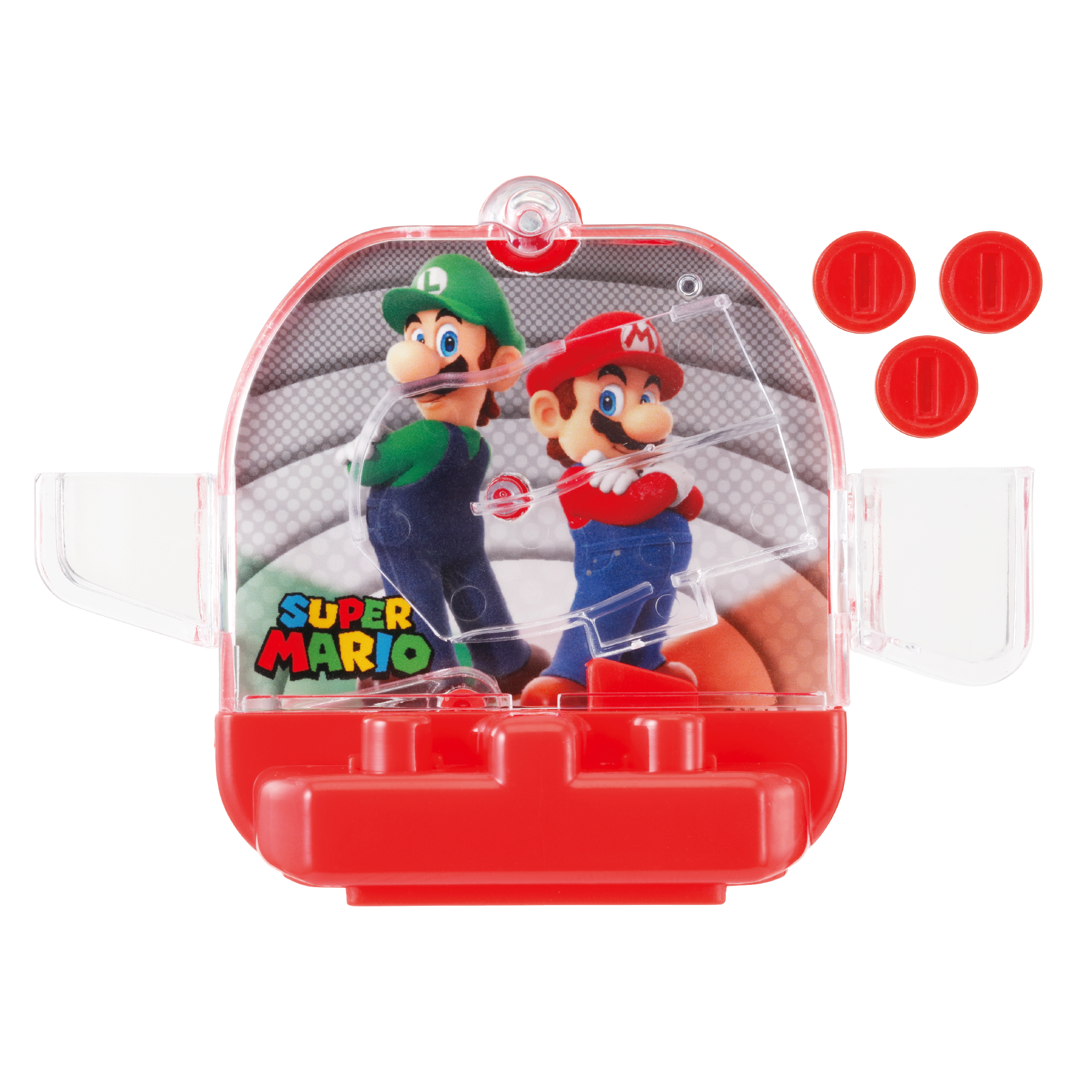Ein Super Mario Spielzeug. Es hat Mario und Luigi Figuren im Inneren, mit roten Münzen auf der Seite. Das Spielzeug ist rot.