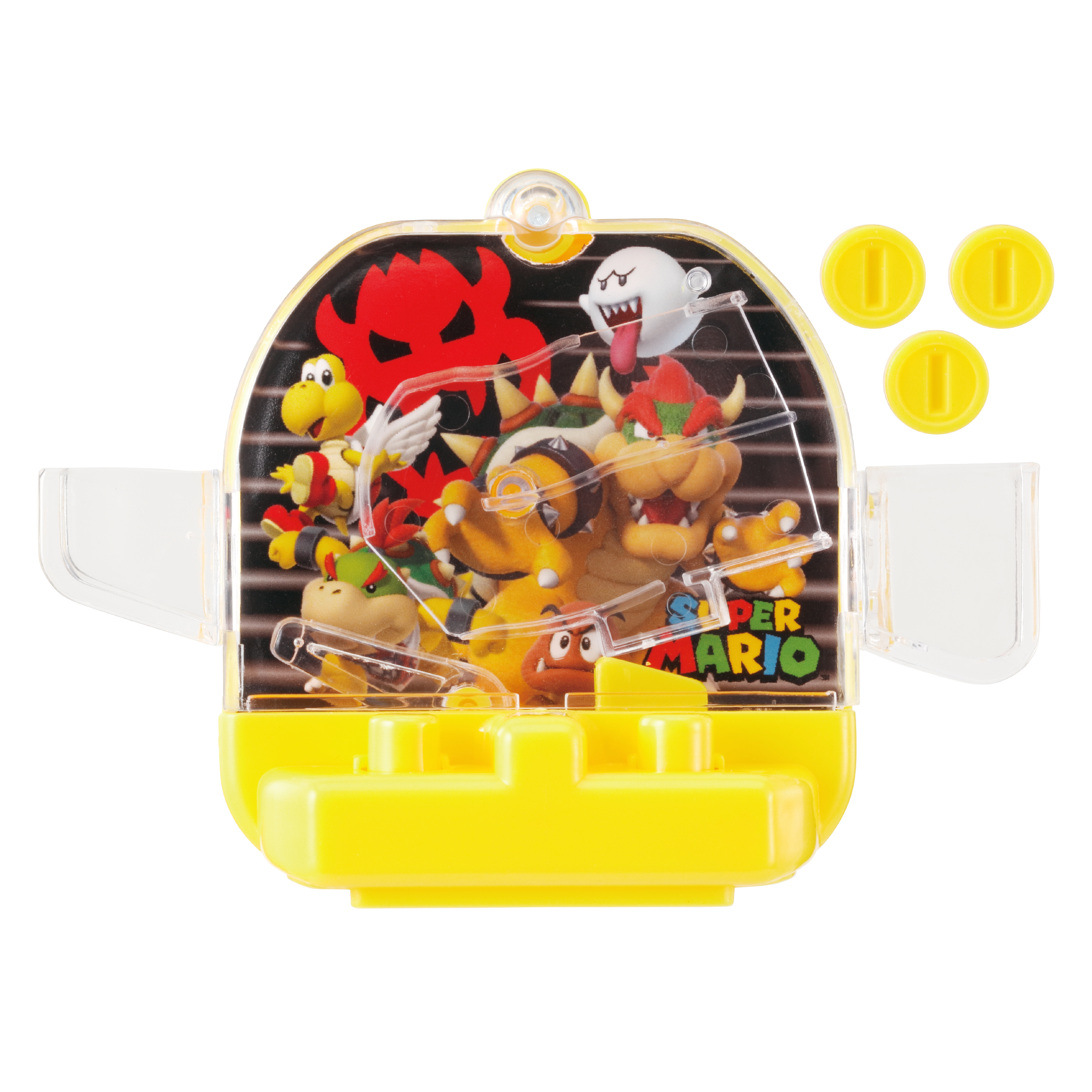 Ein gelbes Super Mario-Spielzeug mit Figuren, transparenten Kunststoffteilen und drei gelben Münzen.