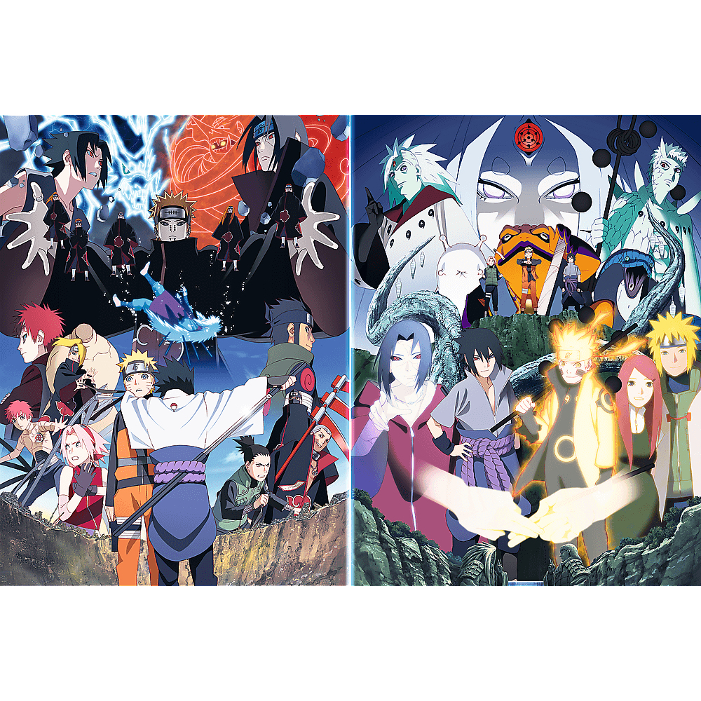 Anime-Kunstwerk mit mehreren Charakteren. Zwei Seiten zeigen verschiedene Figuren mit unterschiedlichen Farben und Outfits in einer dynamischen Komposition.