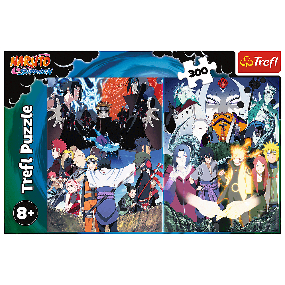 Eine Naruto Shippuden Puzzlebox mit verschiedenen Charakteren. Enthält das Trefl-Logo, Alter 8+ und die Nummer 300 für Puzzleteile.