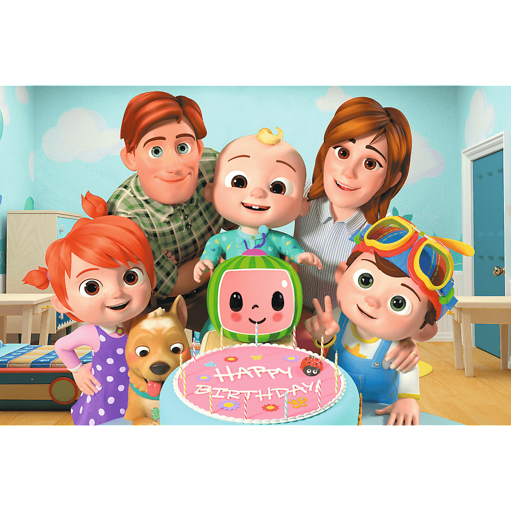 Eine Zeichentrickfamilie mit Geburtstagskuchen. Die Figuren umfassen Eltern, Kinder, einen Hund und eine Wassermelonenfigur.