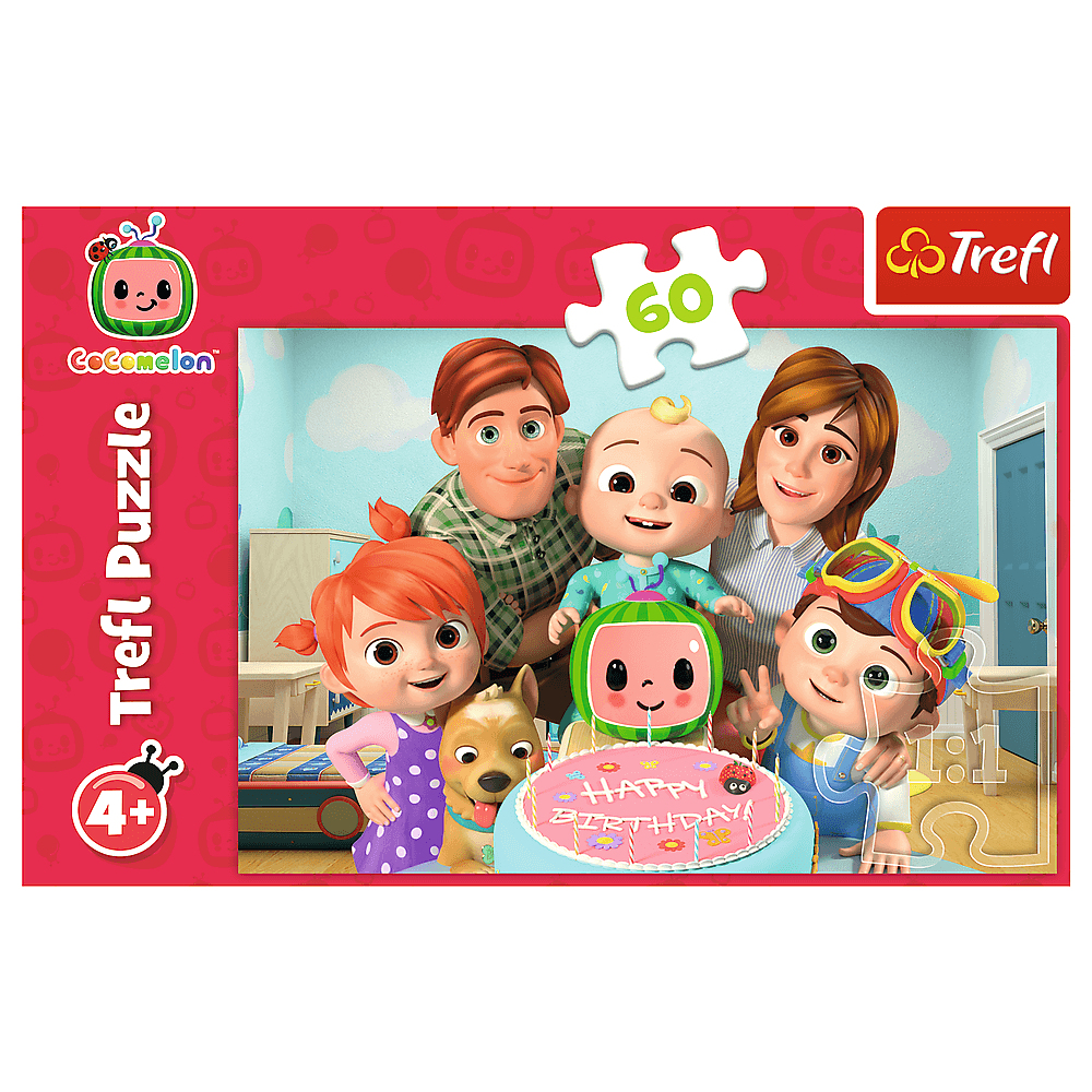Ein buntes Puzzle zeigt eine Familie, die Geburtstag feiert. Ein Kuchen befindet sich in der Mitte, und die Charaktere stammen von Cocomelon.